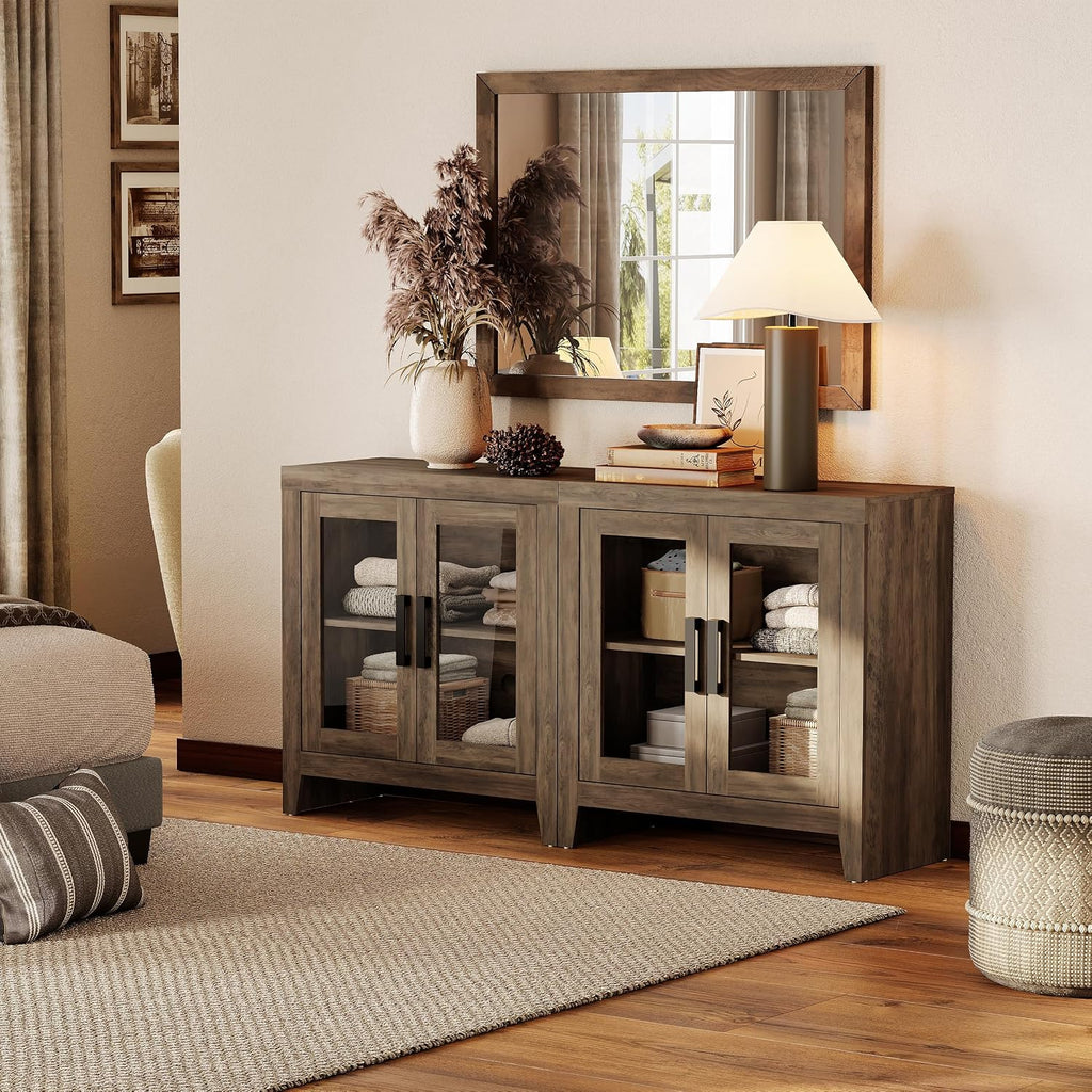 WAMPAT Farmhouse TV Stand for TVs up to 65', Rustic Wood Entertainment Center with Adjustable Shelf, Glass Doors & Storage, Media Console Cabinet for Living-Room, Bedroom, Brown