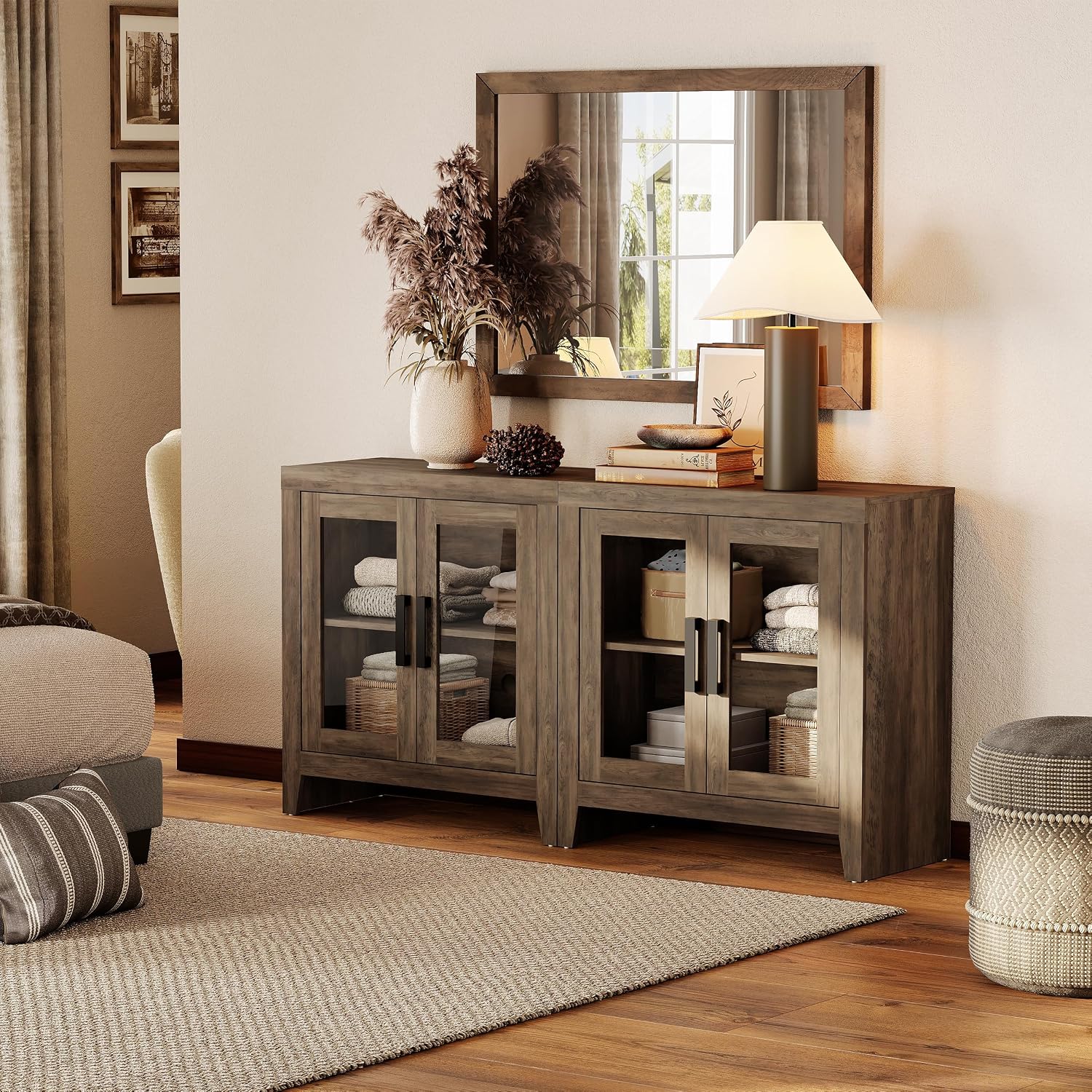WAMPAT Farmhouse TV Stand for TVs up to 65', Rustic Wood Entertainment Center with Adjustable Shelf, Glass Doors & Storage, Media Console Cabinet for Living-Room, Bedroom, Brown
