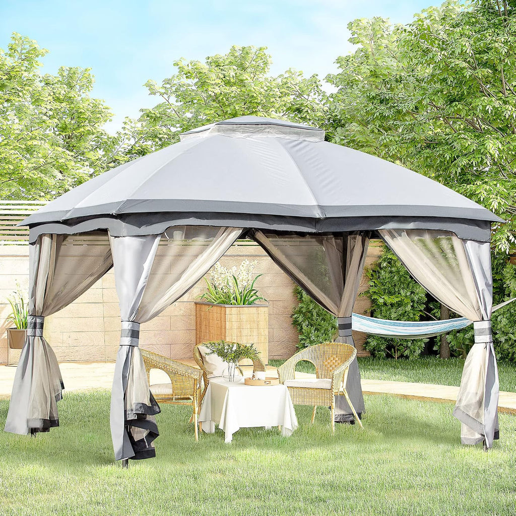 10' x 12' Outdoor Gazebo, Patio Gazebo Canopy Shelter w, Double Vented Roof, Zippered Mesh Sidewalls, Solid Steel e, Grey