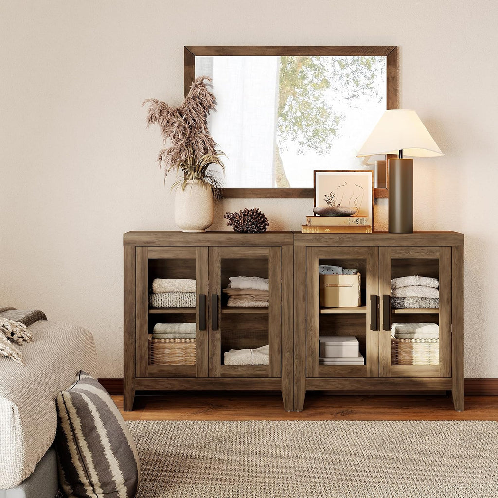 WAMPAT Farmhouse TV Stand for TVs up to 65', Rustic Wood Entertainment Center with Adjustable Shelf, Glass Doors & Storage, Media Console Cabinet for Living-Room, Bedroom, Brown