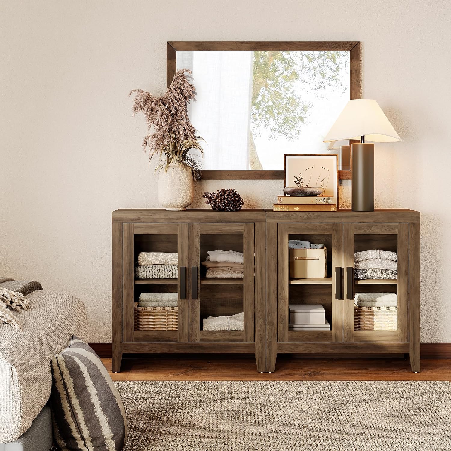 WAMPAT Farmhouse TV Stand for TVs up to 65', Rustic Wood Entertainment Center with Adjustable Shelf, Glass Doors & Storage, Media Console Cabinet for Living-Room, Bedroom, Brown