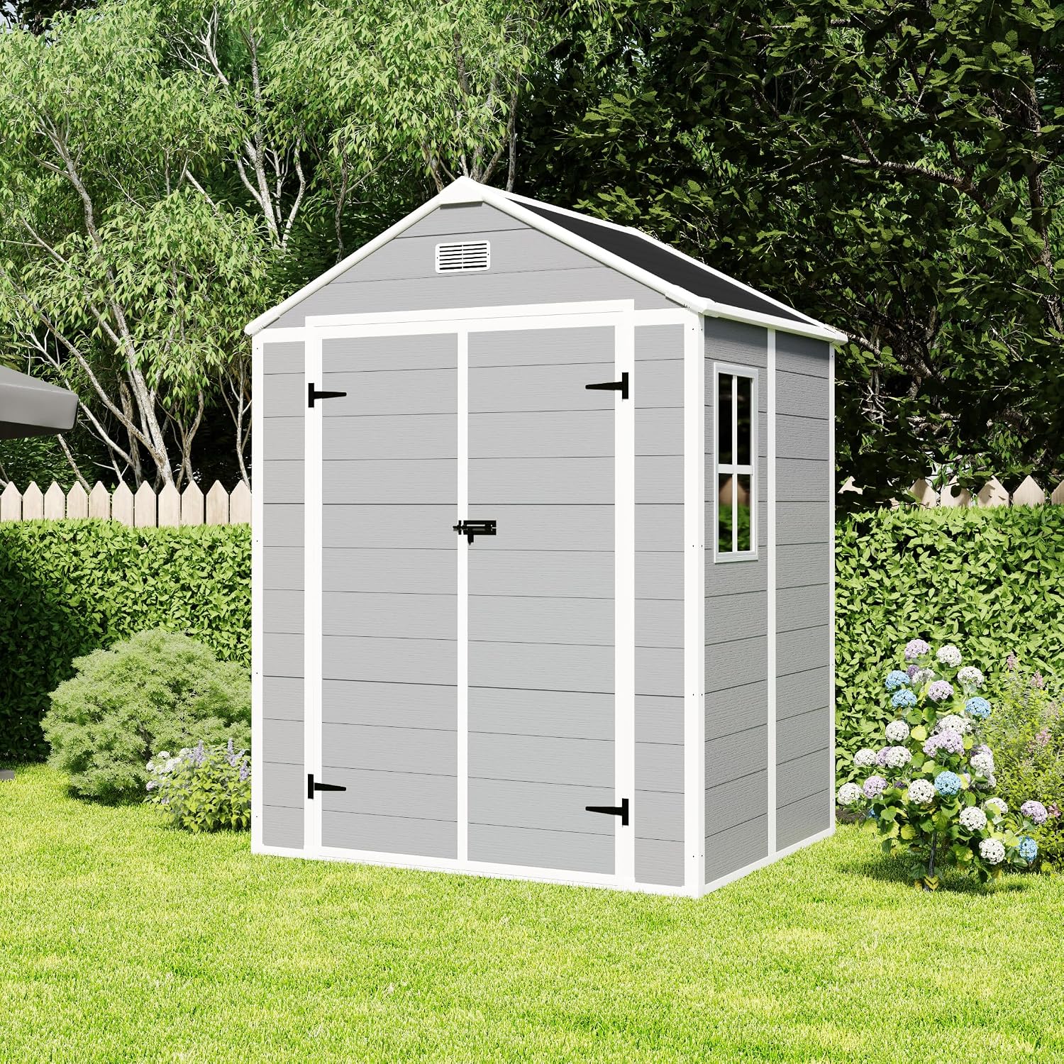 YOPTO 6x5 FT Resin Storage Shed,Garden House with Floor & Lockable Door,Waterproof Plastic Tool Sheds W/Slanting Roof Visual Window & Air Vents for Bicycles,Lawnmowers,Lawn,All Weather Use,Gray