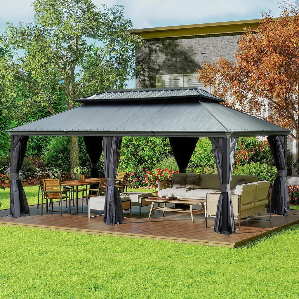 Domi 12' X 20' Hardtop Gazebo, Upgraded Metal Gazebo with Dual-Layer Resin Roof, Drainage System, Curtain and Netting, Outdoor Shelter Canopy for Patio, Garden, and Backyard, Grey