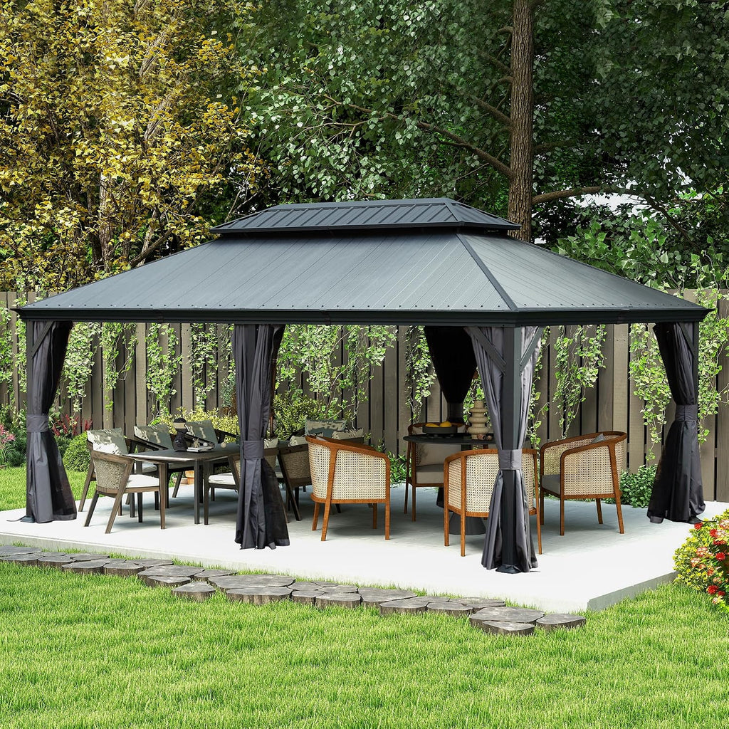 Domi 12' X 18' Hardtop Gazebo, Upgraded Metal Gazebo with Dual-Layer Resin Roof, Drainage System, Curtain and Netting, Outdoor Shelter Canopy for Patio, Garden, and Backyard, Grey