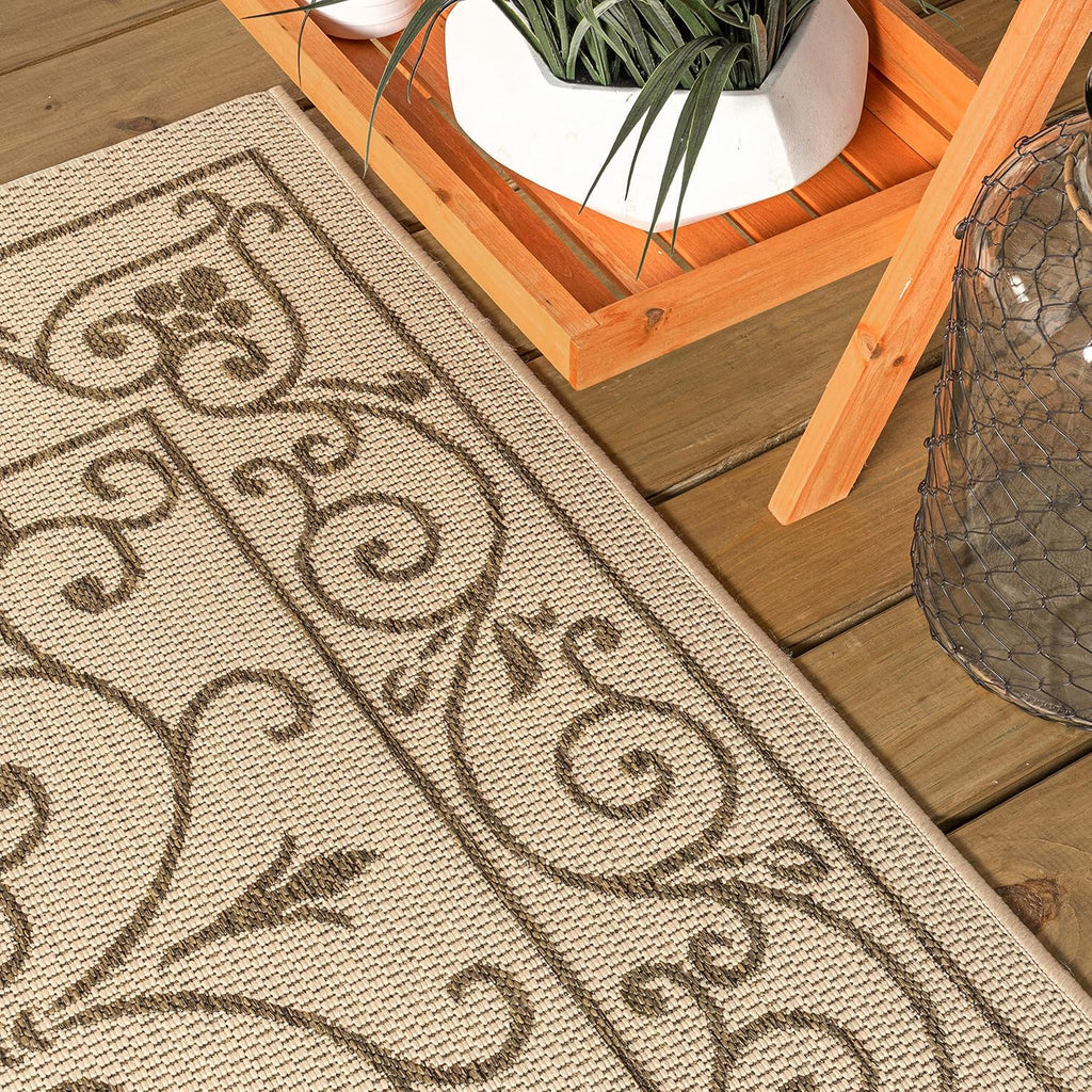 JONATHAN Y Vintage Filigree Indoor Outdoor Round Area Rug 5 Ft Beige/Brown, Charleston Textured Weave for Backyard, Patio, Porch, Easy-Cleaning, High Traffic, Pet-Friendly, Non-Shedding (SMB106A-5R)