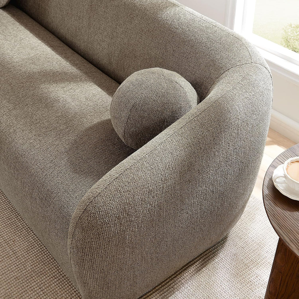 Modway Holland 85 Inch Minimalist Curved Back Sofa in Taupe – Chenille Fabric Sofa with Ball Throw Pillows and Wood Feet – Modern 3-Seater Couch for Living Room