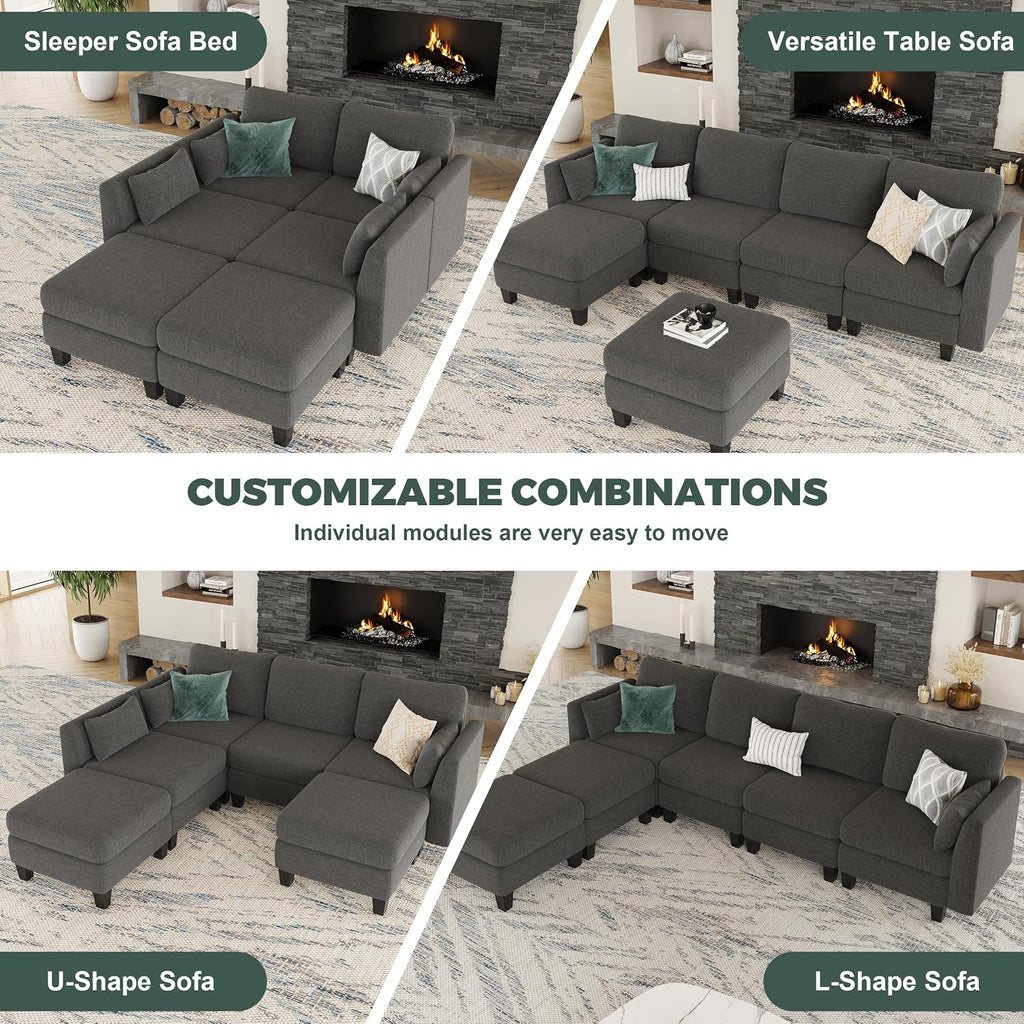 Modular Sectional Sofa, 6 Seaters Modular Sleeper Sofa Couch, Comfy Sectionals Couches Bed, Convertible Sofas with Ottomans, Sectional Couches for Living Room, Dark Grey