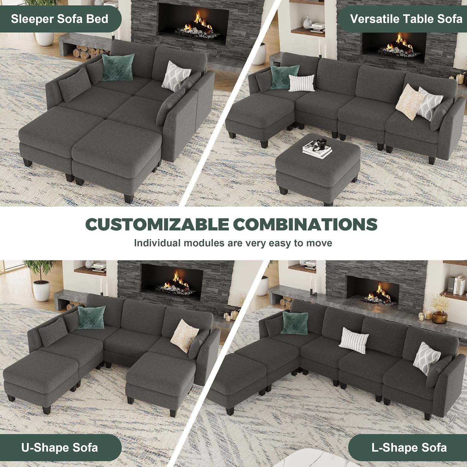 Modular Sectional Sofa, 6 Seaters Modular Sleeper Sofa Couch, Comfy Sectionals Couches Bed, Convertible Sofas with Ottomans, Sectional Couches for Living Room, Dark Grey
