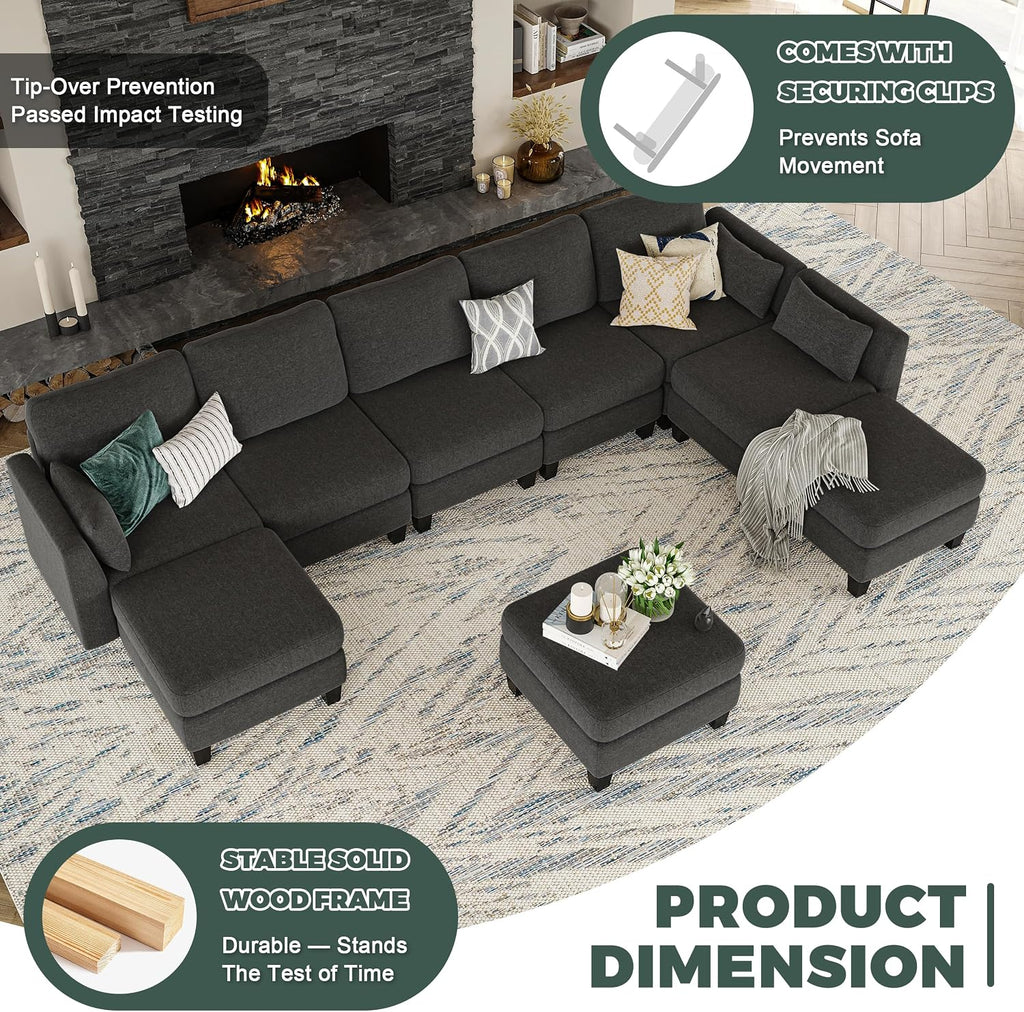 Modular Sectional Sofa, 6 Seaters Modular Sleeper Sofa Couch, Comfy Sectionals Couches Bed, Convertible Sofas with Ottomans, Sectional Couches for Living Room, Dark Grey