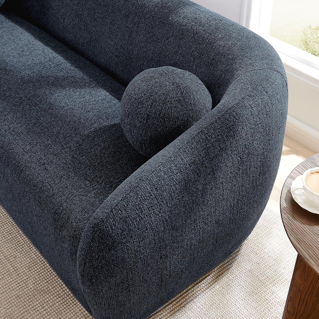 Modway Holland 85 Inch Minimalist Curved Back Sofa in Navy – Chenille Fabric Sofa with Ball Throw Pillows and Wood Feet – Modern 3-Seater Couch for Living Room