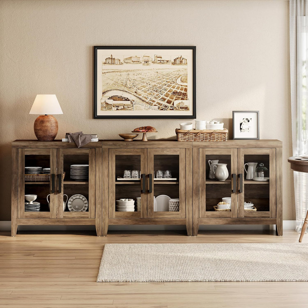 WAMPAT Farmhouse TV Stand for TVs up to 85', Rustic Wood Entertainment Center with Adjustable Shelf, Glass Doors & Storage, Media Console Cabinet for Living-Room, Bedroom, Brown