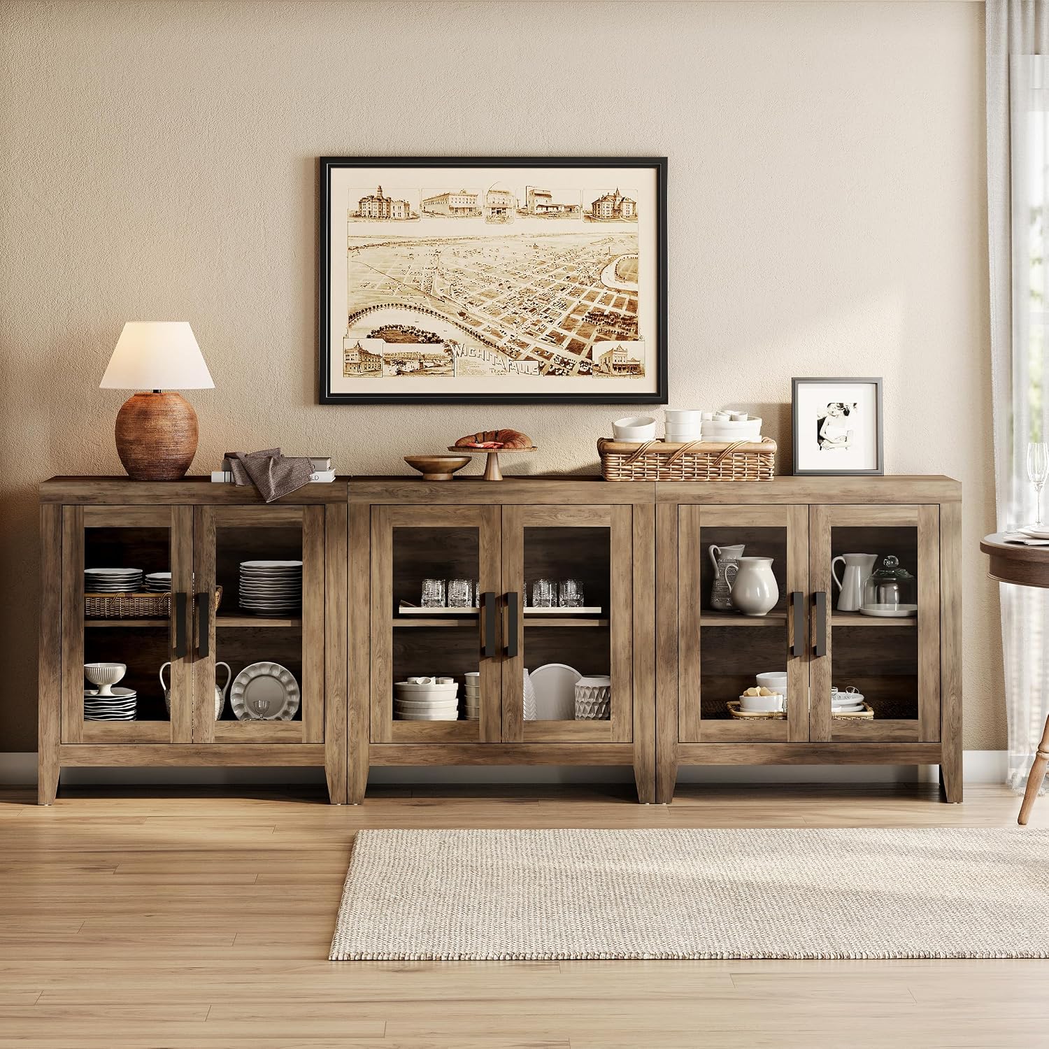 WAMPAT Farmhouse TV Stand for TVs up to 85', Rustic Wood Entertainment Center with Adjustable Shelf, Glass Doors & Storage, Media Console Cabinet for Living-Room, Bedroom, Brown