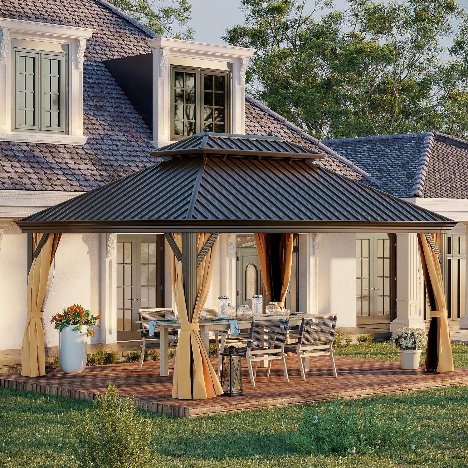 12'x16' Hardtop Gazebo Outdoor Aluminum Patio Double Roof Galvanized Steel Canopy with Netting and Curtains for Garden, Backyard, Deck and Lawns.