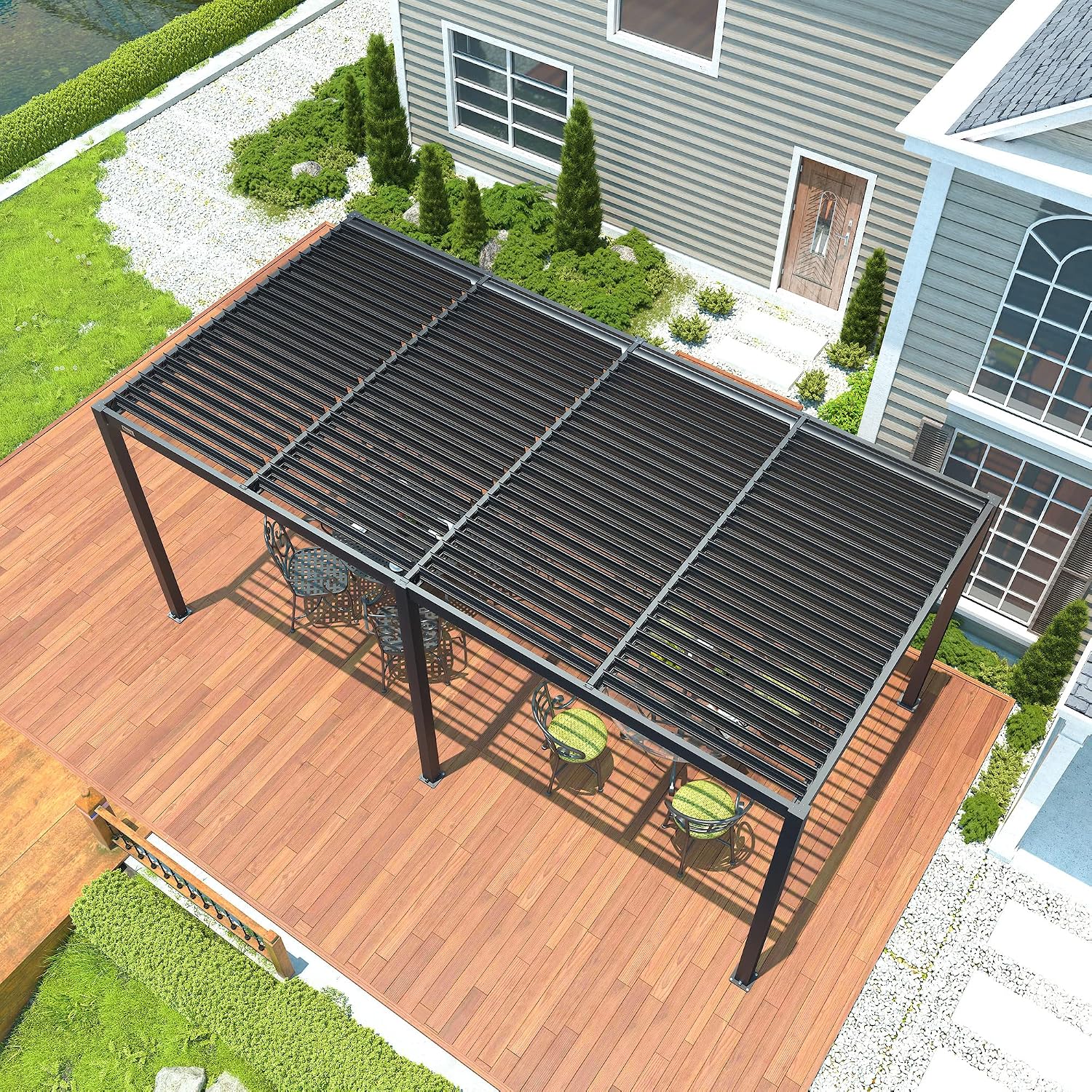 PATISOL Louvered Pergola 19'x10' Full Aluminum Patio Outdoor with Adjustable Roof Rainproof Sun Shade Easy Installation Hardtop Gazebo for Deck Garden Yard Beach (Dark Grey)