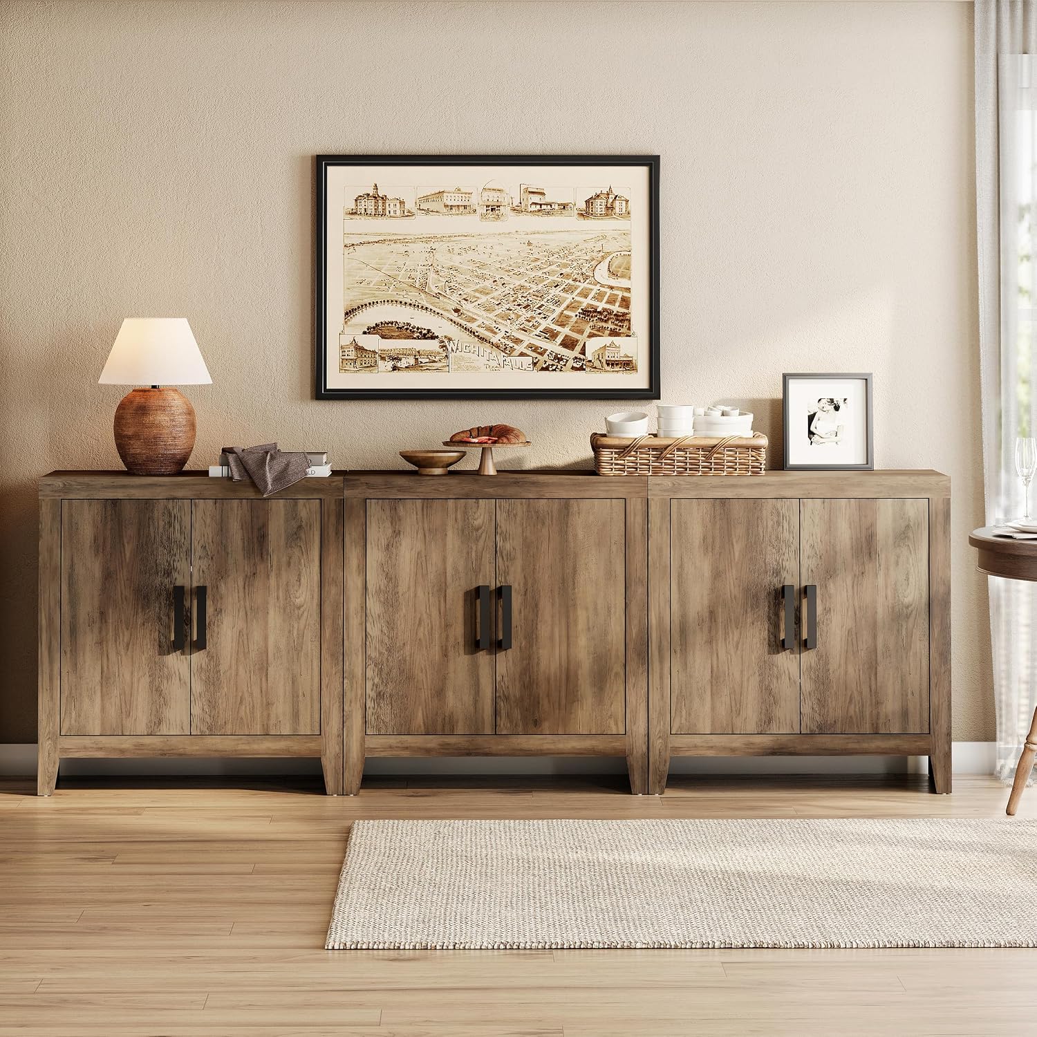 WAMPAT Farmhouse TV Stand for TVs up to 85 Inch, Rustic Wood Entertainment Center & Media Console with 6 Storage Doors, Accent Cabinet for Living Room, Hallway, Rustic Brown