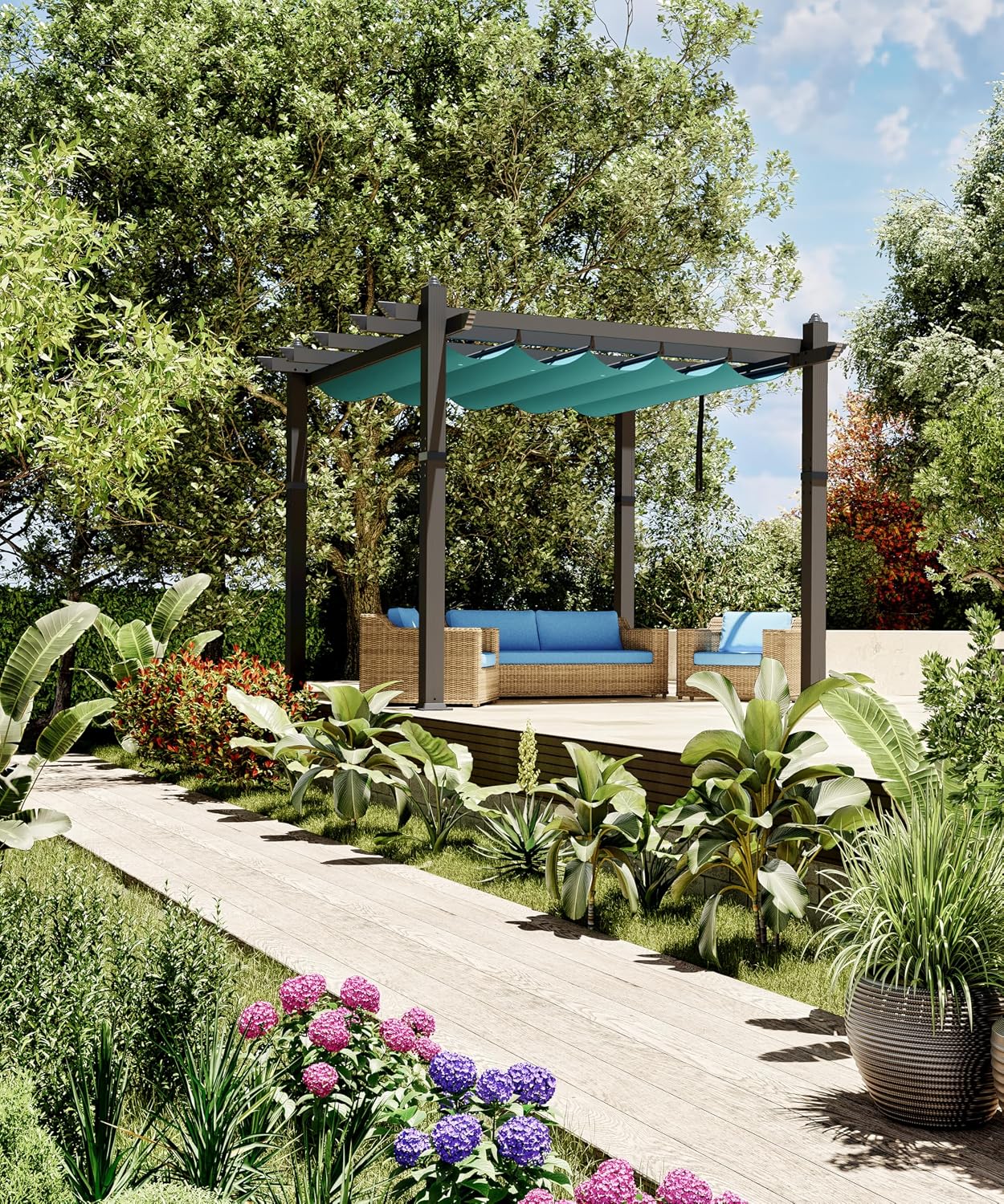GarveeLife 10x10 ft Aluminum Pergola, Outdoor Metal Gazebo with Adjustable Canopy, Reinforced Frame Outdoor Shelter for Backyard, Patio, Garden and Deck - Blue