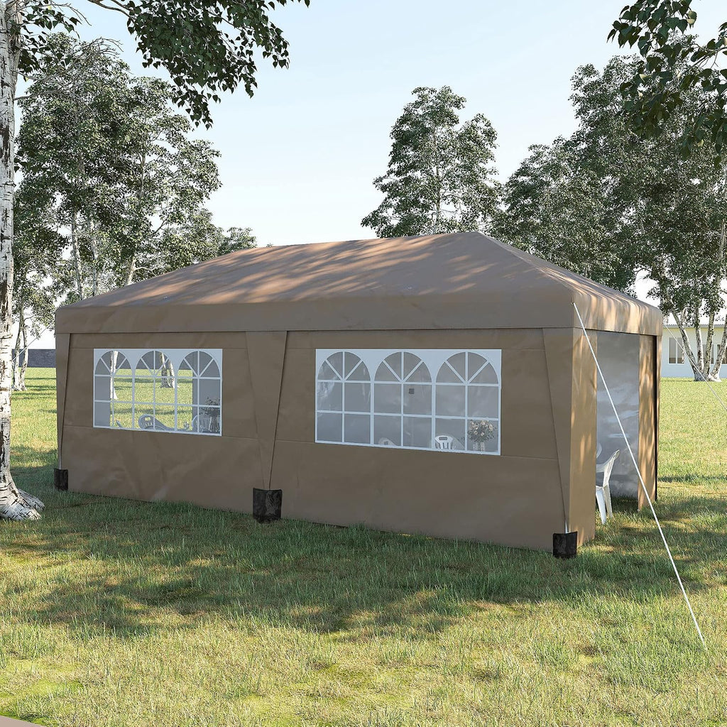 Outsunny 10' x 19.5' Pop Up Canopy with Sidewalls, UPF 30+ Height Adjustable Large Party Tent Event Shelter with Sandbags and Wheeled Carry Bag for Garden, Patio, Brown