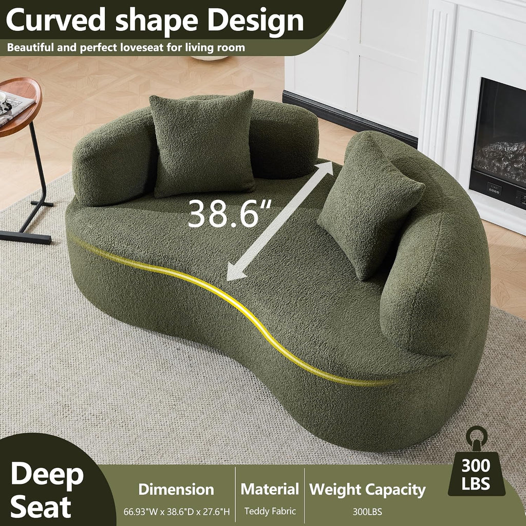 67'Curved Loveseat Sofa for Living Room, Deep Seat Love Seat Couch with 2 Throw Pillows, Modern Loveseat Adopt Teddy Fabric, Suitable Small Spaces The Cloud Loveseat, No Assembly Needed, Green