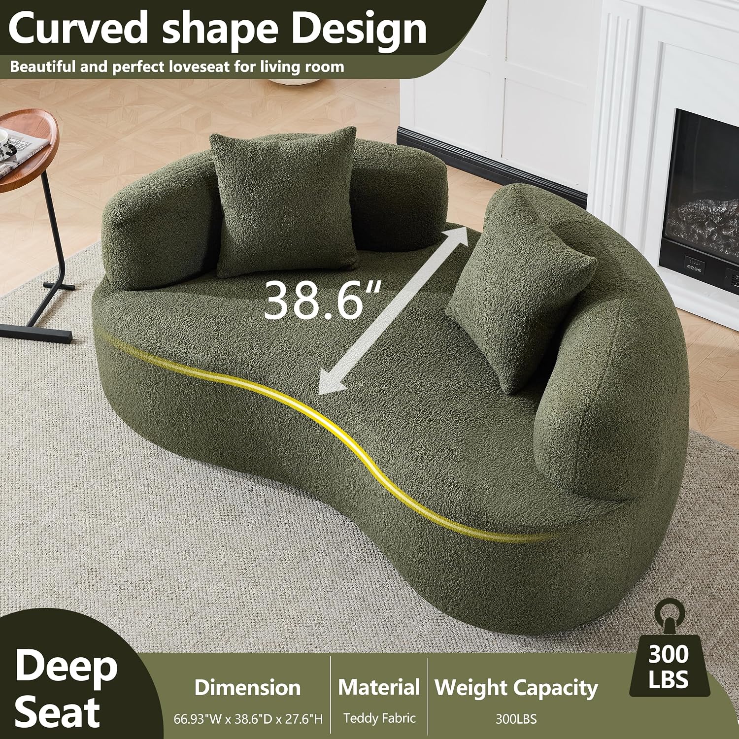 67'Curved Loveseat Sofa for Living Room, Deep Seat Love Seat Couch with 2 Throw Pillows, Modern Loveseat Adopt Teddy Fabric, Suitable Small Spaces The Cloud Loveseat, No Assembly Needed, Green