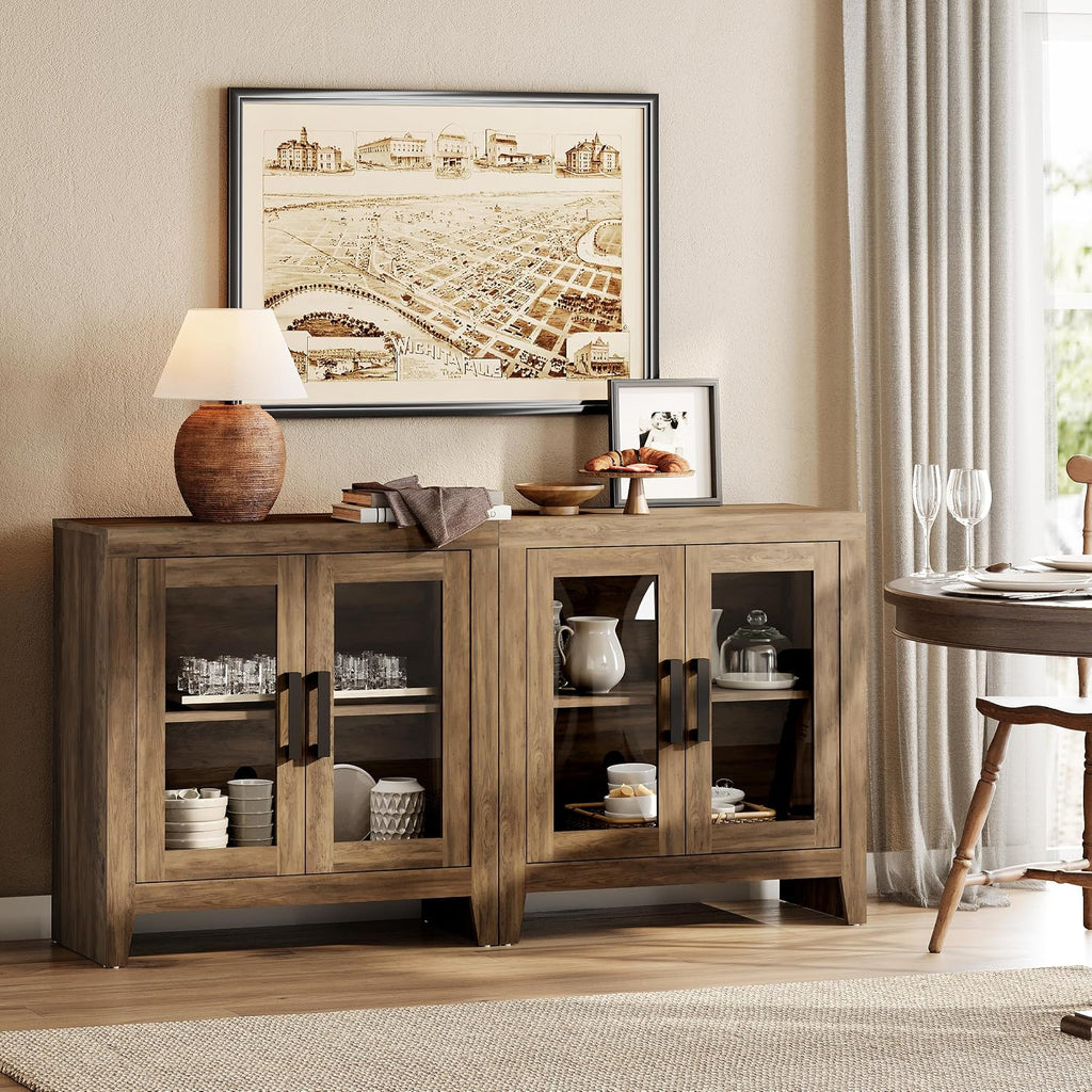 WAMPAT Farmhouse TV Stand for TVs up to 65', Rustic Wood Entertainment Center with Adjustable Shelf, Glass Doors & Storage, Media Console Cabinet for Living-Room, Bedroom, Brown