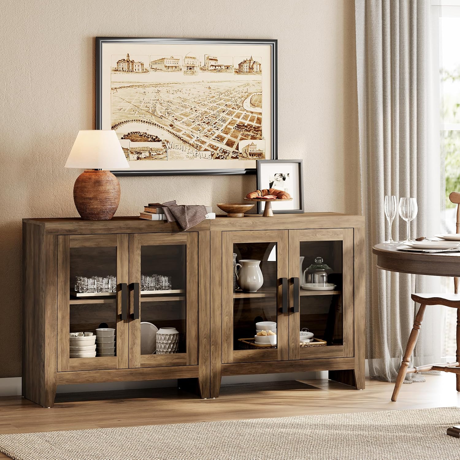 WAMPAT Farmhouse TV Stand for TVs up to 65', Rustic Wood Entertainment Center with Adjustable Shelf, Glass Doors & Storage, Media Console Cabinet for Living-Room, Bedroom, Brown