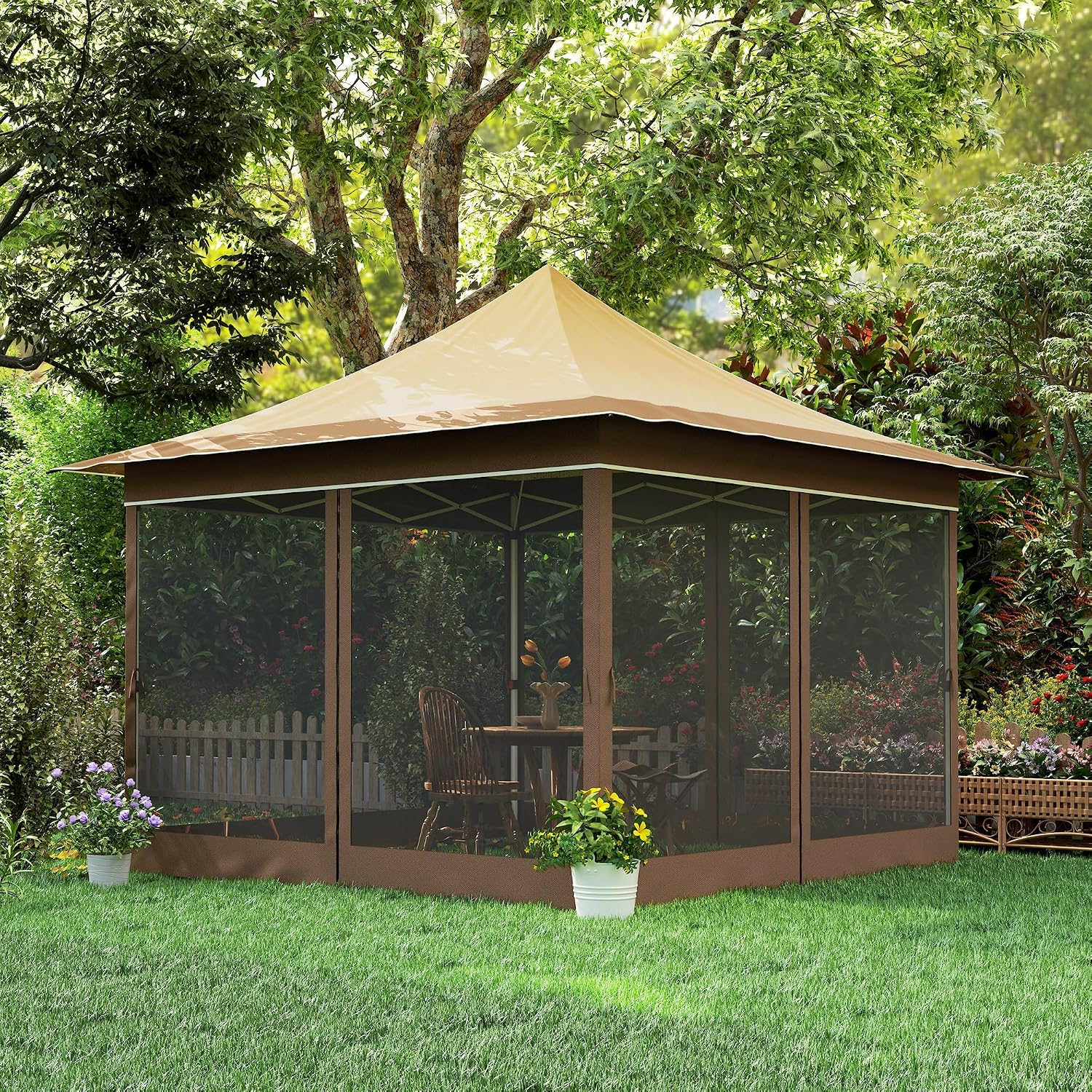 Outsunny 12 x 12 ft. Pop Up Canopy Tent with Mesh Netting, UPF50+ Instant Sun Shelter with Carry Bag, Height Adjustable Party Tent Instant Event Shelter for Garden, Patio, Beige