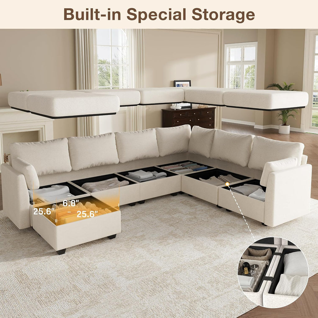 Modular Sectional Sofa Couches, Large Convertible Modular Couches with Storage, 7-Seater Sectional Sofa for Living Room, U Shaped Sectional Couch Sleeper Sofa with Chaise (Beige, 7 Seats)