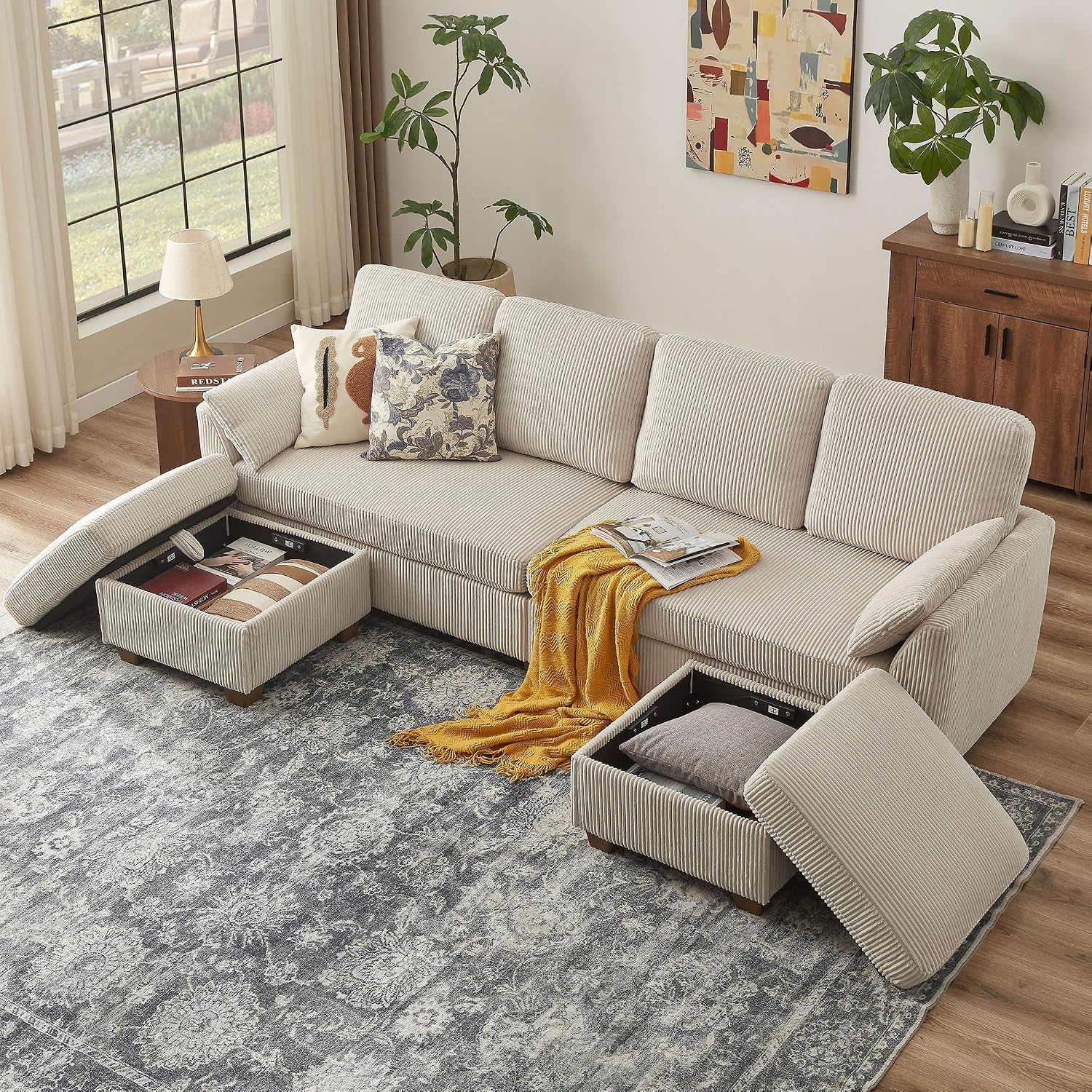 102' Convertible Sectional Sofa, 4-Seat U Shaped Couch with Storage Chaise Lounge, Modern Corduroy Fabric Sectional Couches for Living Room, Beige