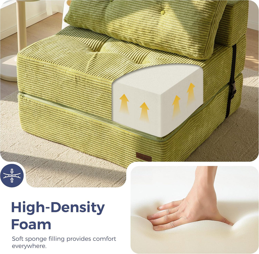 MAXYOYO Folding Sofa Bed, Convertible Sofa Bed with High-Density Support Foam, Portable 4 in 1 Fold Out Chair to Floor Lounger, Versatile Floor Couch for Living Room Bedroom, Green