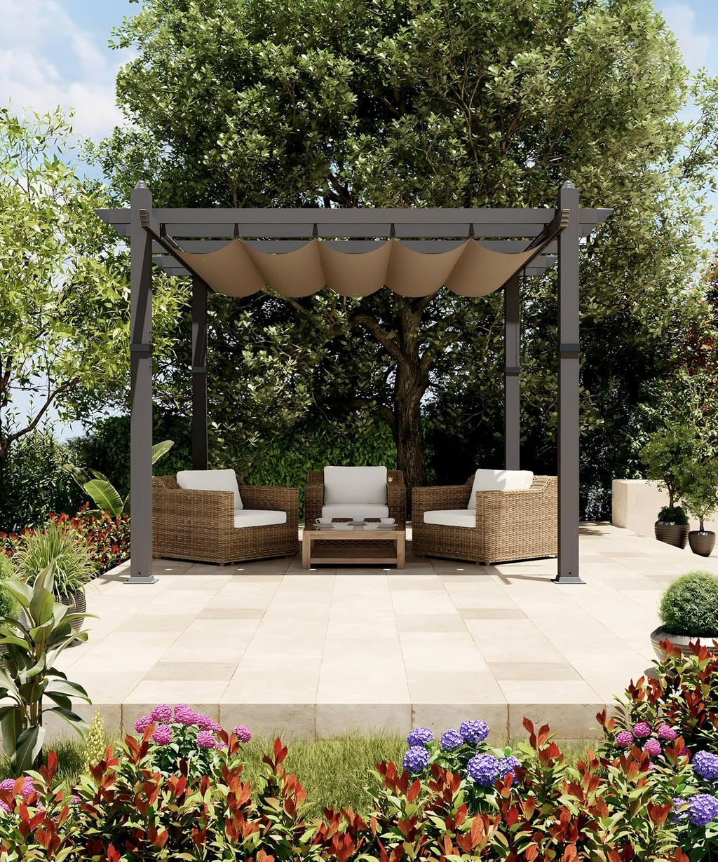 KYBOLT 10x10 Ft Modern Aluminum Pergola, Outdoor Pergola with Adjustable Canopy, Stable 4-Sided Base, Aluminum Gazebos for Backyard, Deck, Lawn - Khaki