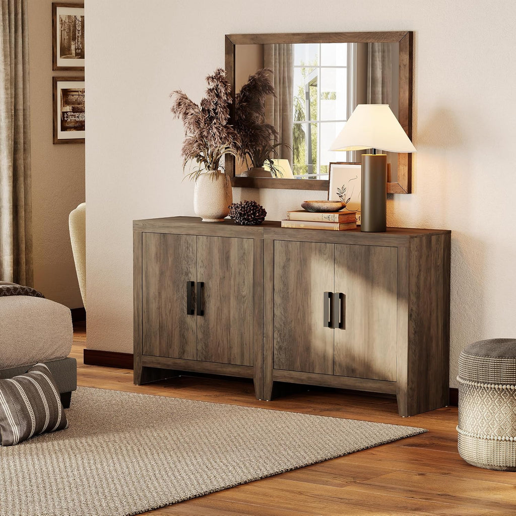 WAMPAT Farmhouse TV Stand for TVs up to 65 Inch, Rustic Wood Entertainment Center & Media Console with 4 Storage Doors, Accent Cabinet for Living Room, Hallway, Rustic Brown