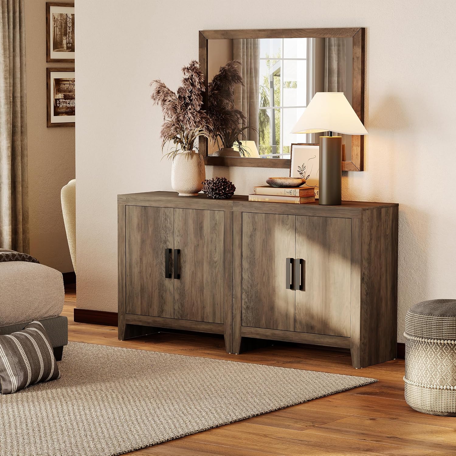 WAMPAT Farmhouse TV Stand for TVs up to 65 Inch, Rustic Wood Entertainment Center & Media Console with 4 Storage Doors, Accent Cabinet for Living Room, Hallway, Rustic Brown
