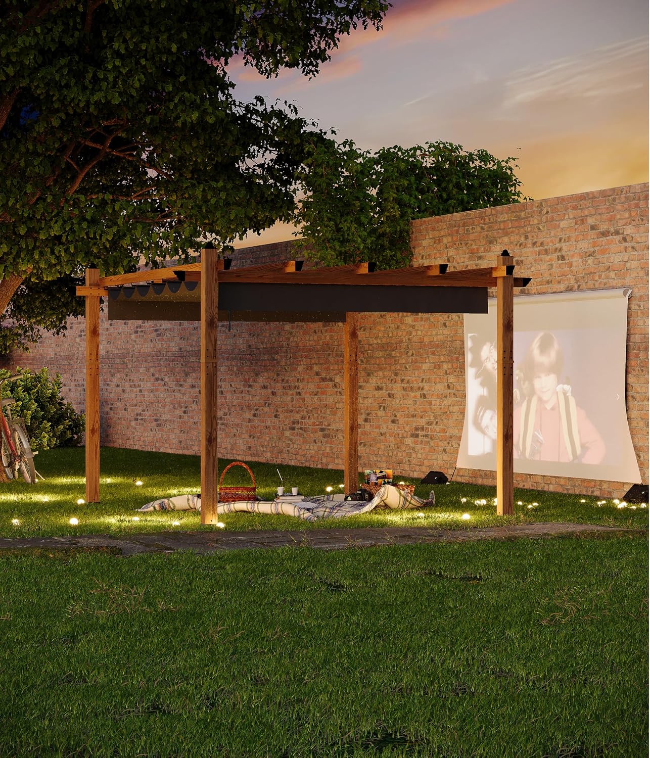 GarveeLife 10 x 13 ft Wood-Grain Outdoor Pergola with Retractable Canopy UV Protection Rust-Resistant Sturdy 4-Side Base for Patio Garden Backyard Deck (Gray)