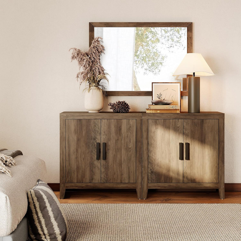 WAMPAT Farmhouse TV Stand for TVs up to 65 Inch, Rustic Wood Entertainment Center & Media Console with 4 Storage Doors, Accent Cabinet for Living Room, Hallway, Rustic Brown