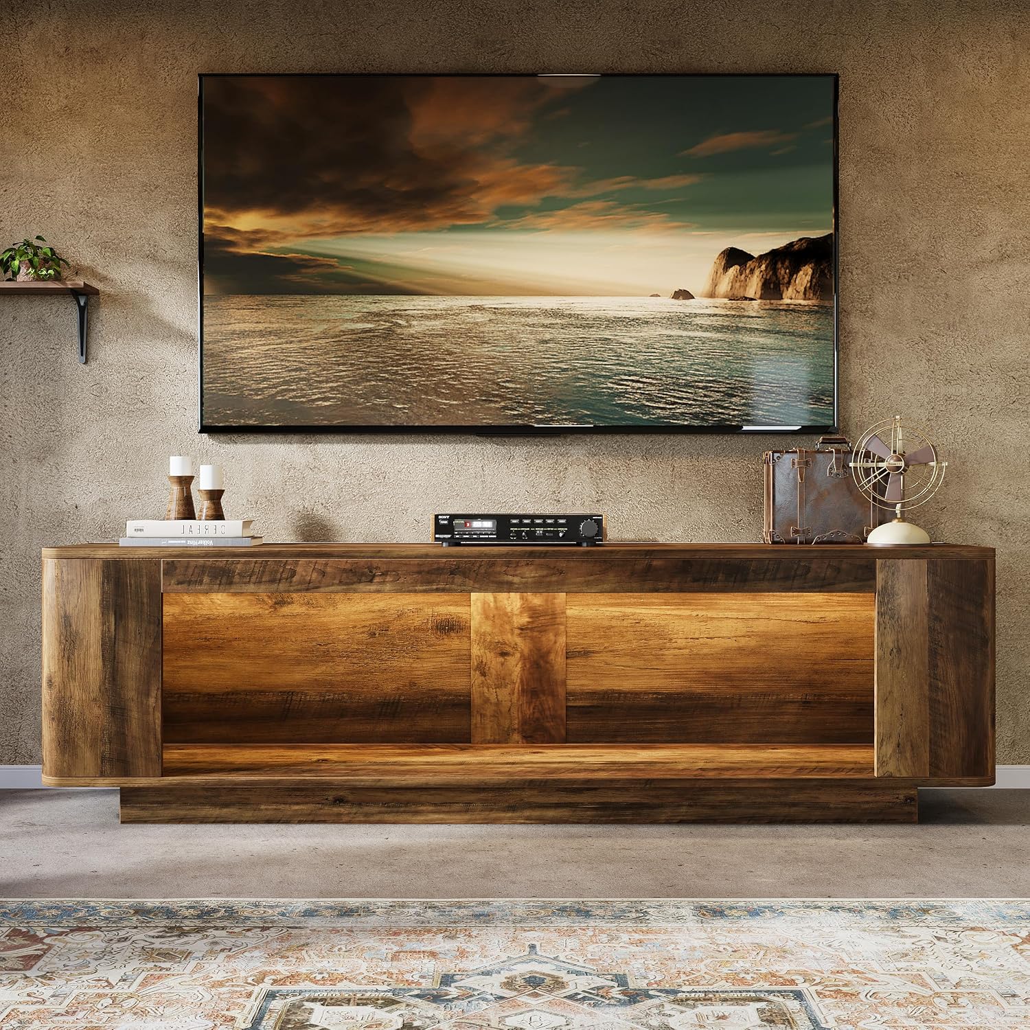 Tribesigns 70.9-Inch TV Stand, Farmhouse Entertainment Center for 65/70/75/80-Inch TVs, Television Console Table with LED Light Strip, Media Console for Living Room, Bedroom, Rustic Brown